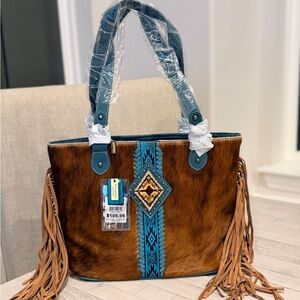 Trinity Ranch Hair On Cowhide Concealed Carry Tote Turquoise